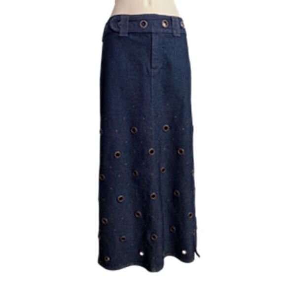 Jordache Vintage 90's Dark Blue Wash Denim Grommet Maxi Skirt Size 5 - Picture 2 of 14